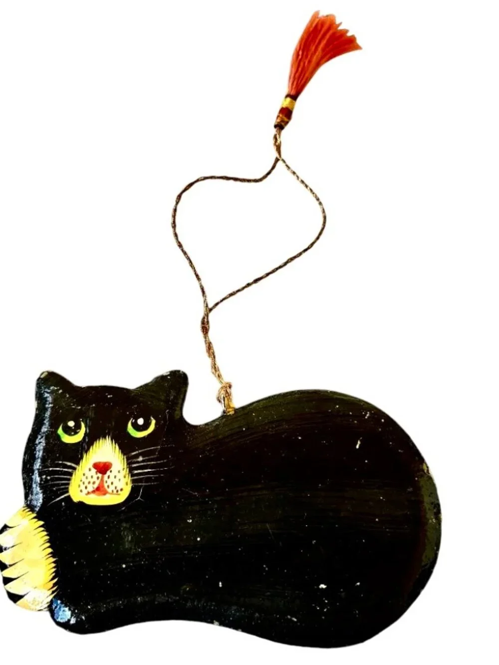 Vintage Wood Black Cat Christmas Hanging Ornament Hand Painted DOUBLE SIDED